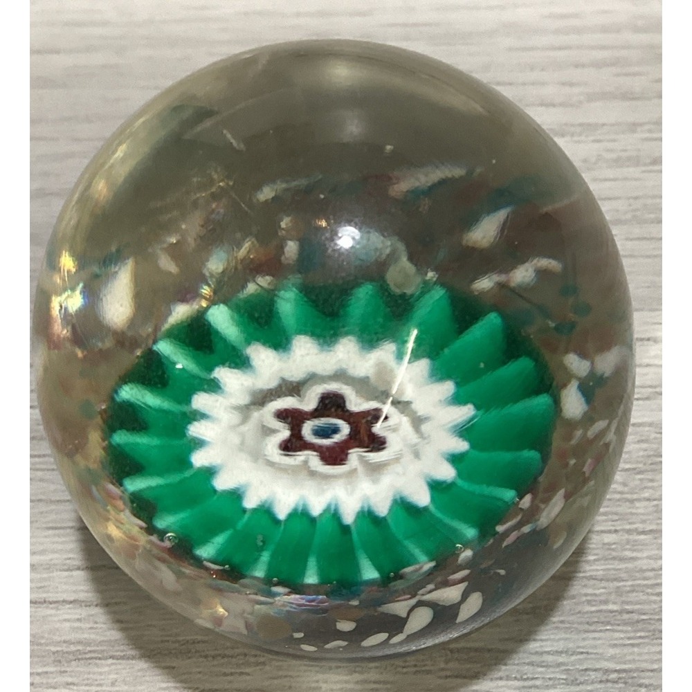 Art Deco Glass Paperweight 2.25x2" Millefiori Style w/Red Flower‎ *Chip*